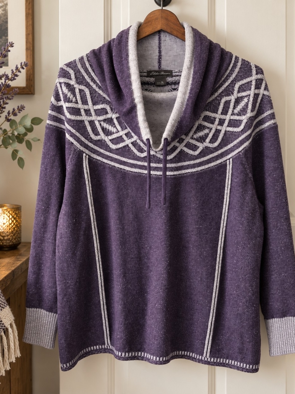 Eddie Bauer Purple Celtic Nordic Cowl Neck Cotton Sweater Pullover XL